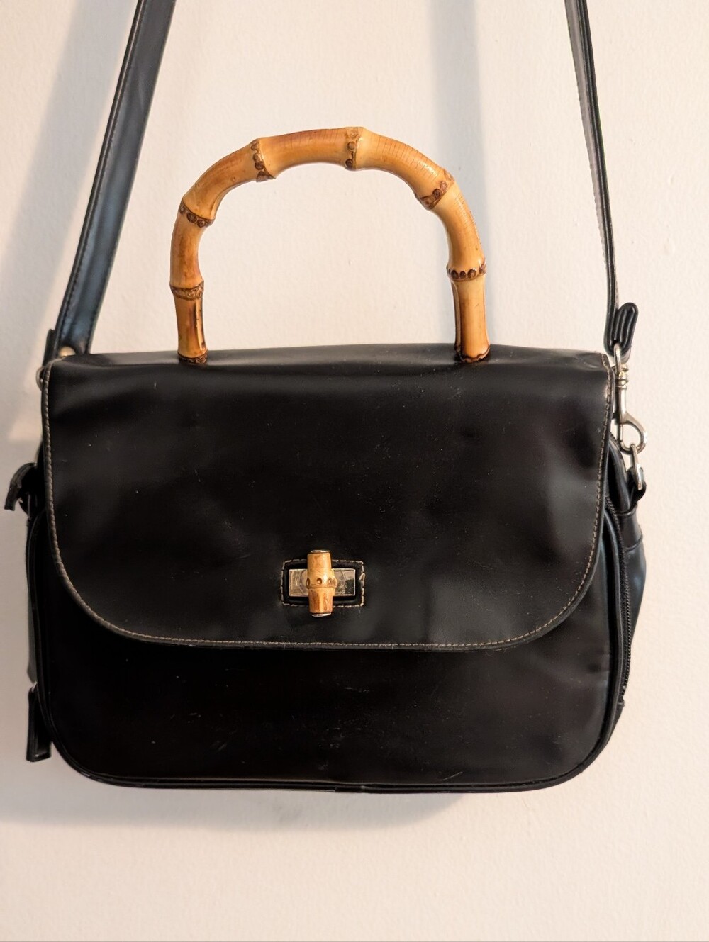 Black Crossbody Bag with Bamboo Handle - Versatile Everyday Shoulder Bag